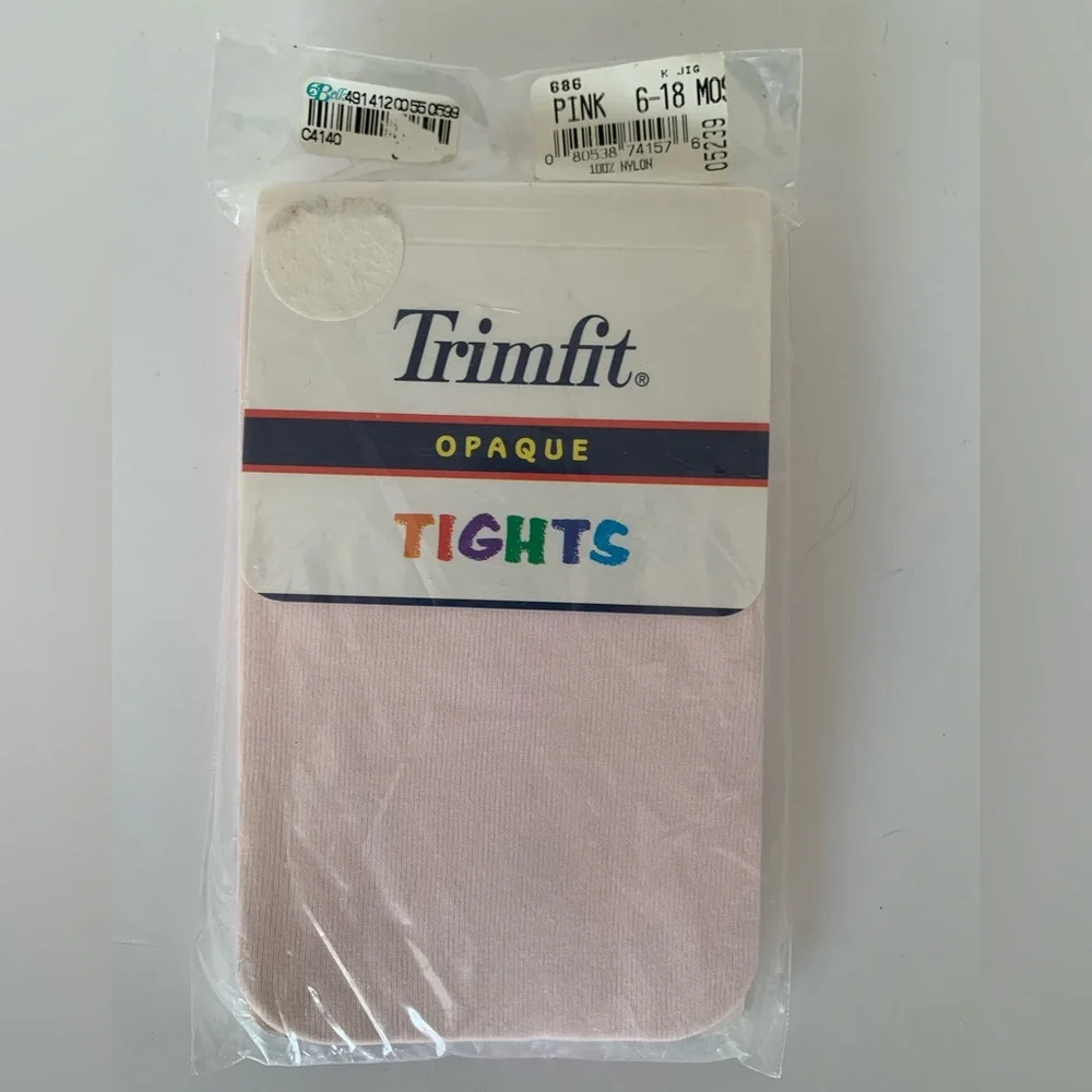 NWT Vintage Trimfit Pink Tights Baby Toddler Girl 6-18M Opaque Nylon Made in USA